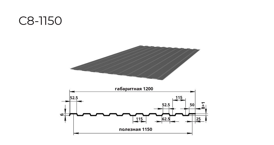 профнастил С8 0,5 мм ширина 1150 мм RAL 7024 графитовый серый
