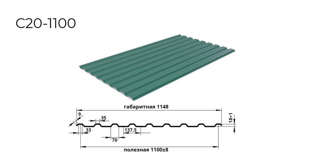 профнастил С20 0,45х1100 RAL 6005 зеленый мох