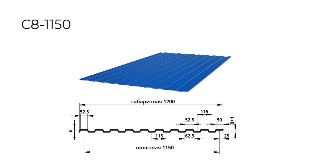 профнастил С8 0,4 мм ширина 1150 мм RAL 5005 синий