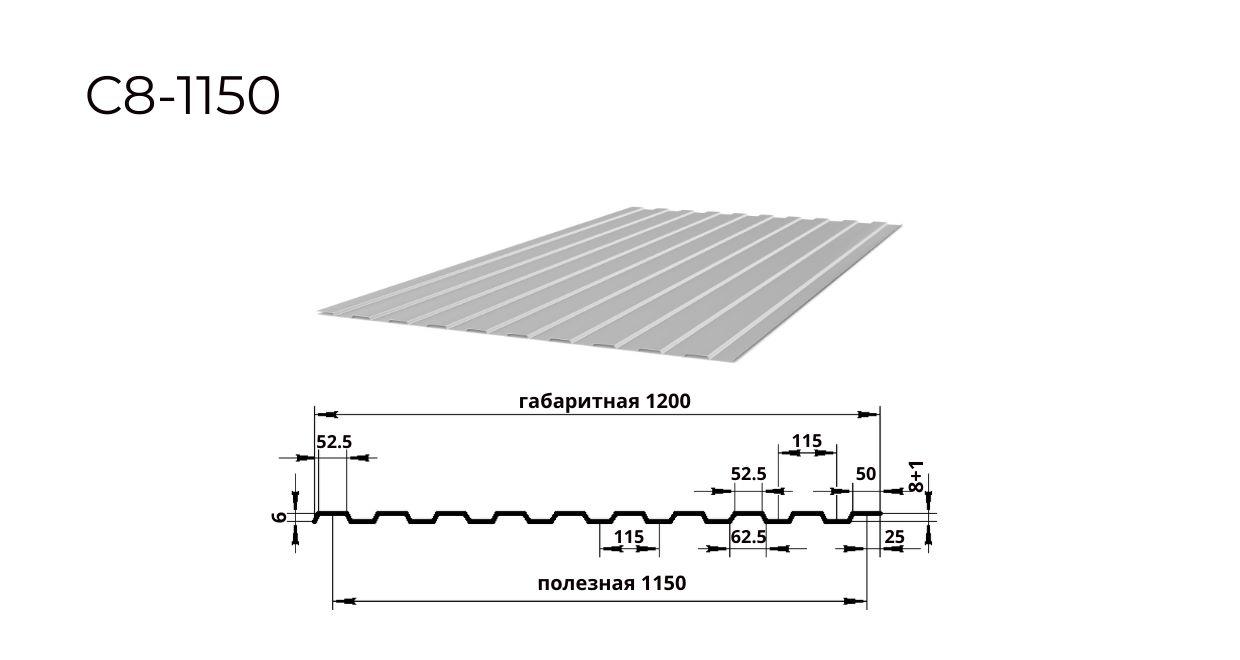 профнастил С8 0,5 мм ширина 1150 мм RAL 7004 сигнальный серый